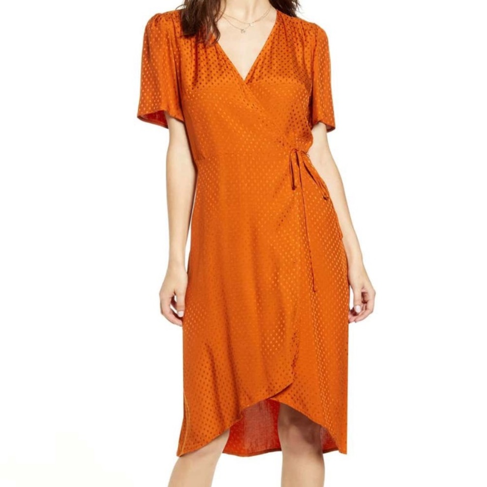 Leith Rust Satin Midi Wrap Dress size small